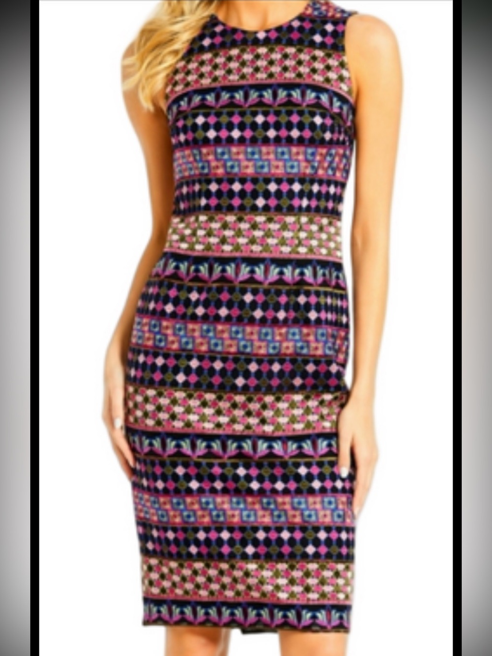 Adrianna Papell Indo-Fusion Multicolor Embroidered Sleeveless Sheath, size 6